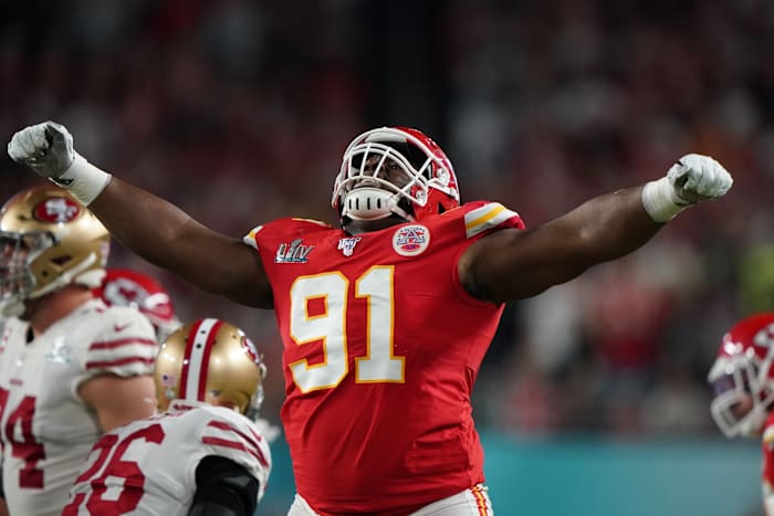 Feb 2, 2020; Miami Gardens, Florida, USA; Kansas City Chiefs nose tackle Derrick Nnadi (91) reacts on the field against the San Francisco 49ers in Super Bowl LIV at Hard Rock Stadium. Mandatory Credit: John David Mercer-USA TODAY Sports